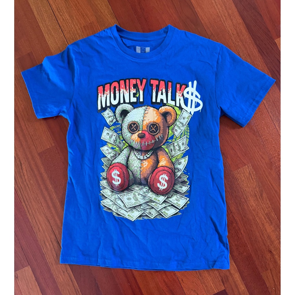 Hustle Gang T-Shirt Money Talk‎ Teddy Bear Medium Blue Streetwear Graphic Tee